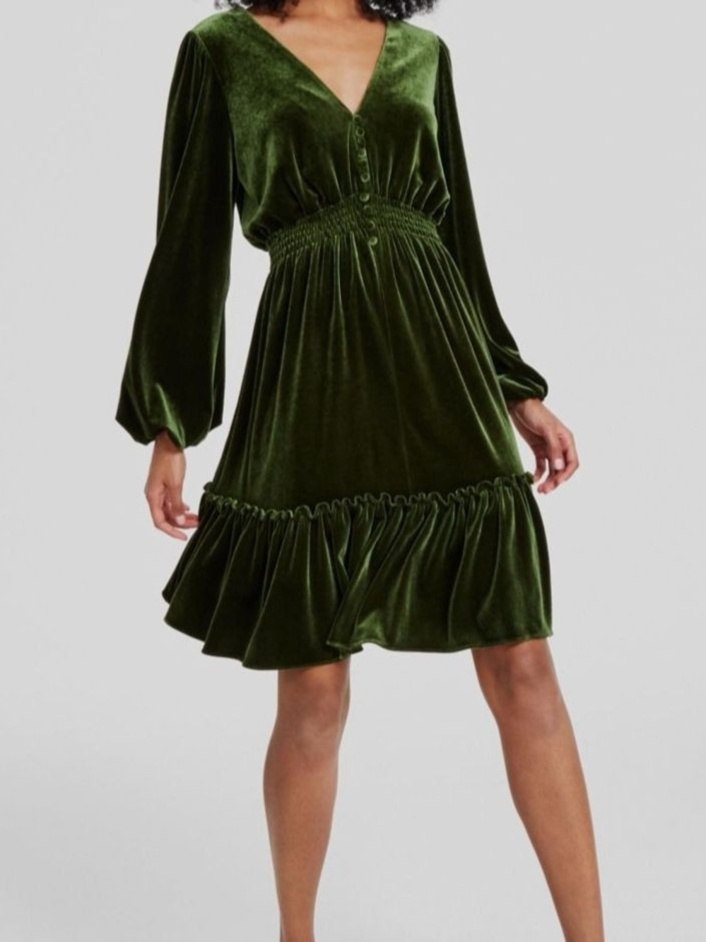 Taylor Dark Green Velvet Long Sleeve Tiered Dress